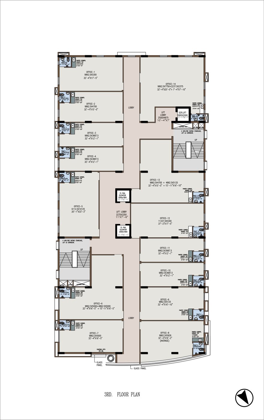 Typical 3rd and 4th floor plan of AHVAAN showing 14 executive office suites