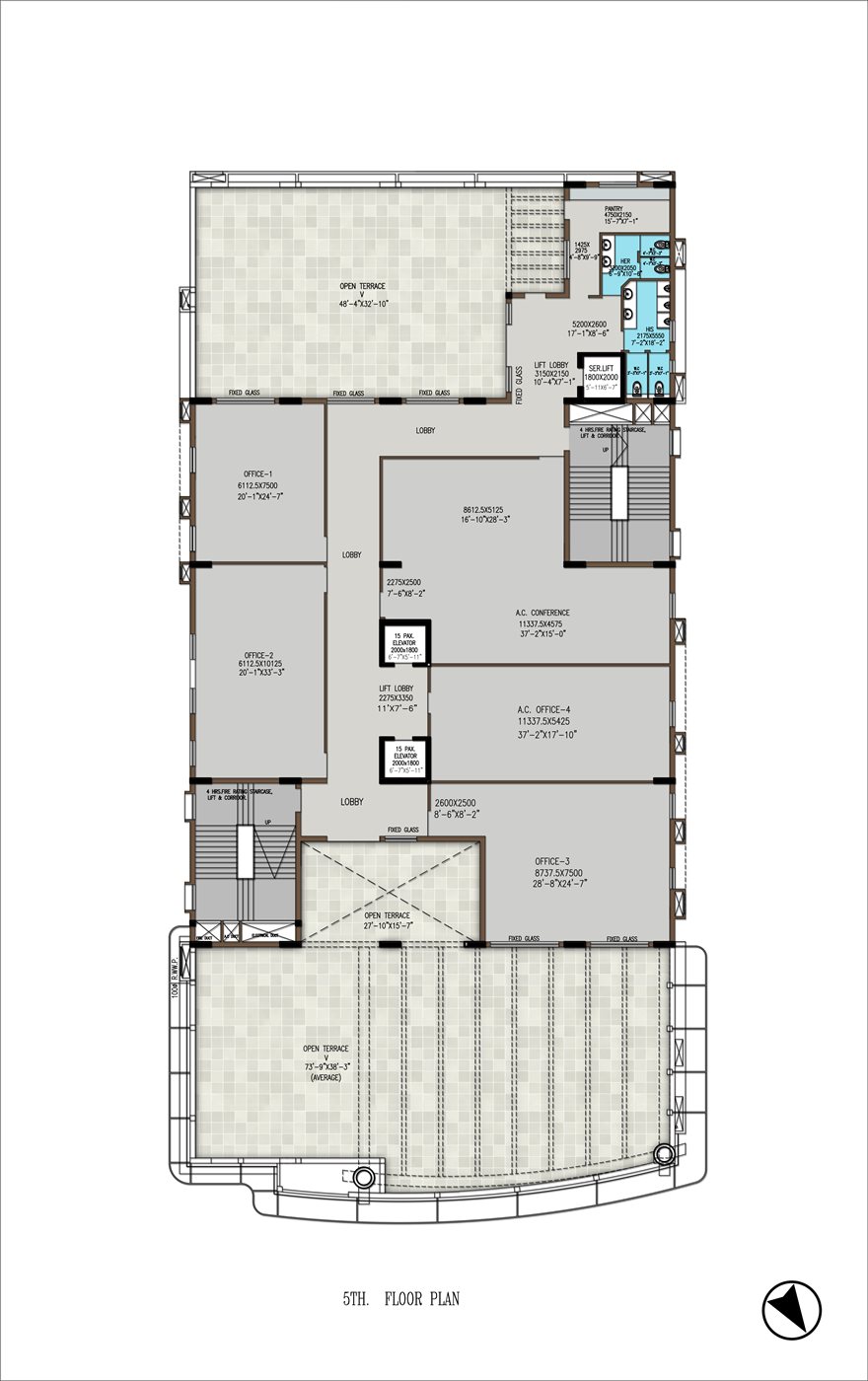 5th floor plan of AHVAAN showing the banquet hall, terraces and roof deck