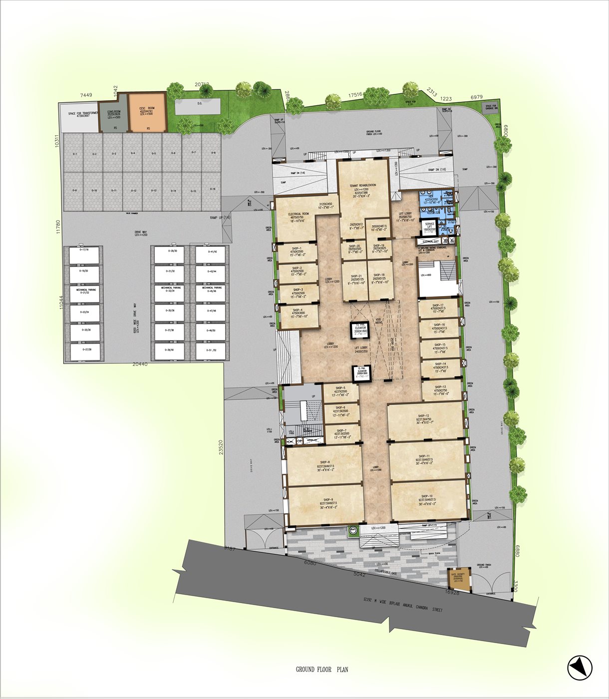 Ground floor plan of AHVAAN showing retail arcade, entrance lobby and drop-off