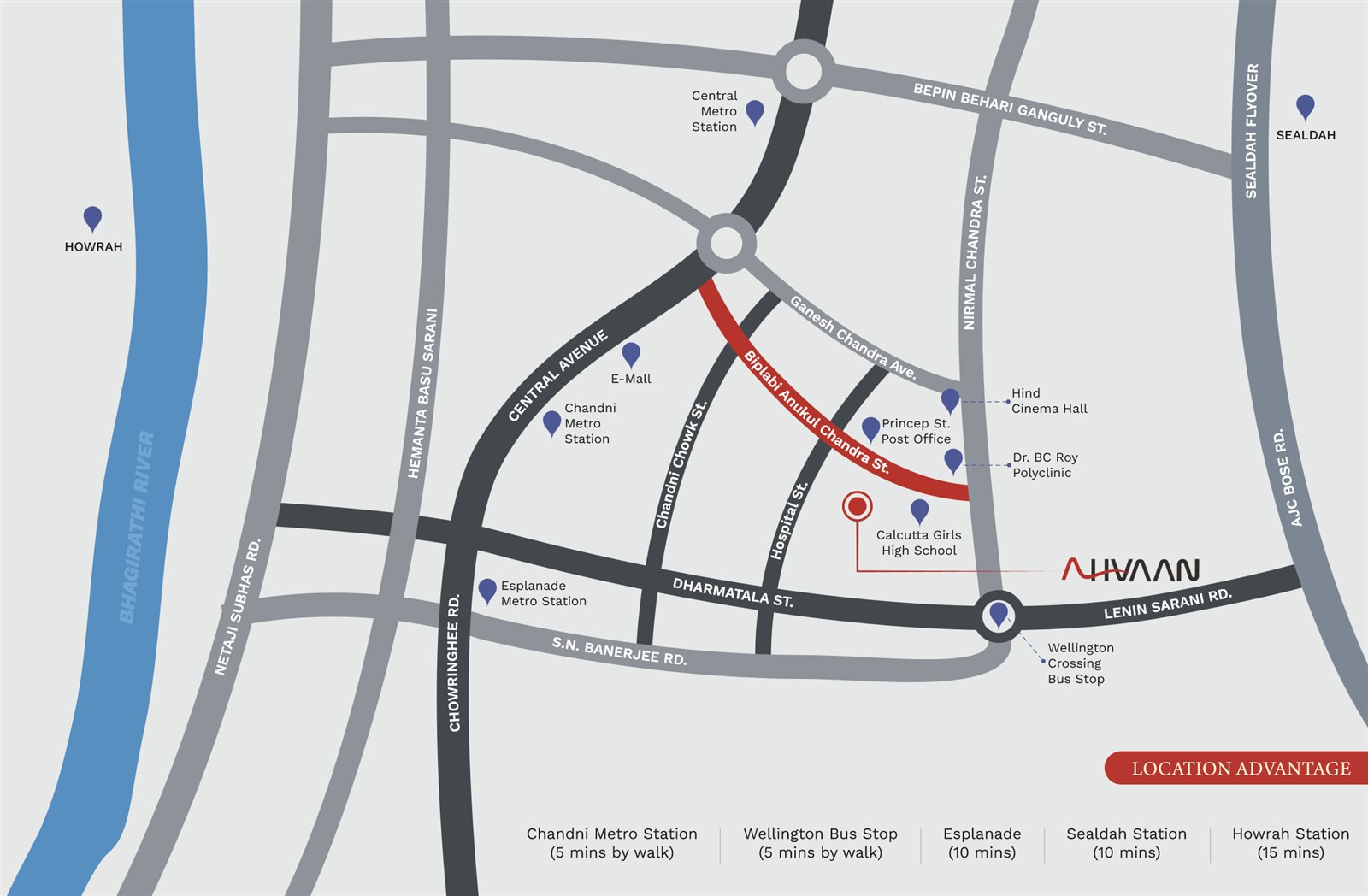 Location plan showing AHVAAN on Biplabi Anukul Chandra Street, near Princep Street and Chandni Chowk